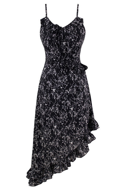 Bevel floral suspender dress French style slim waist long dress for women summer irregular R0031