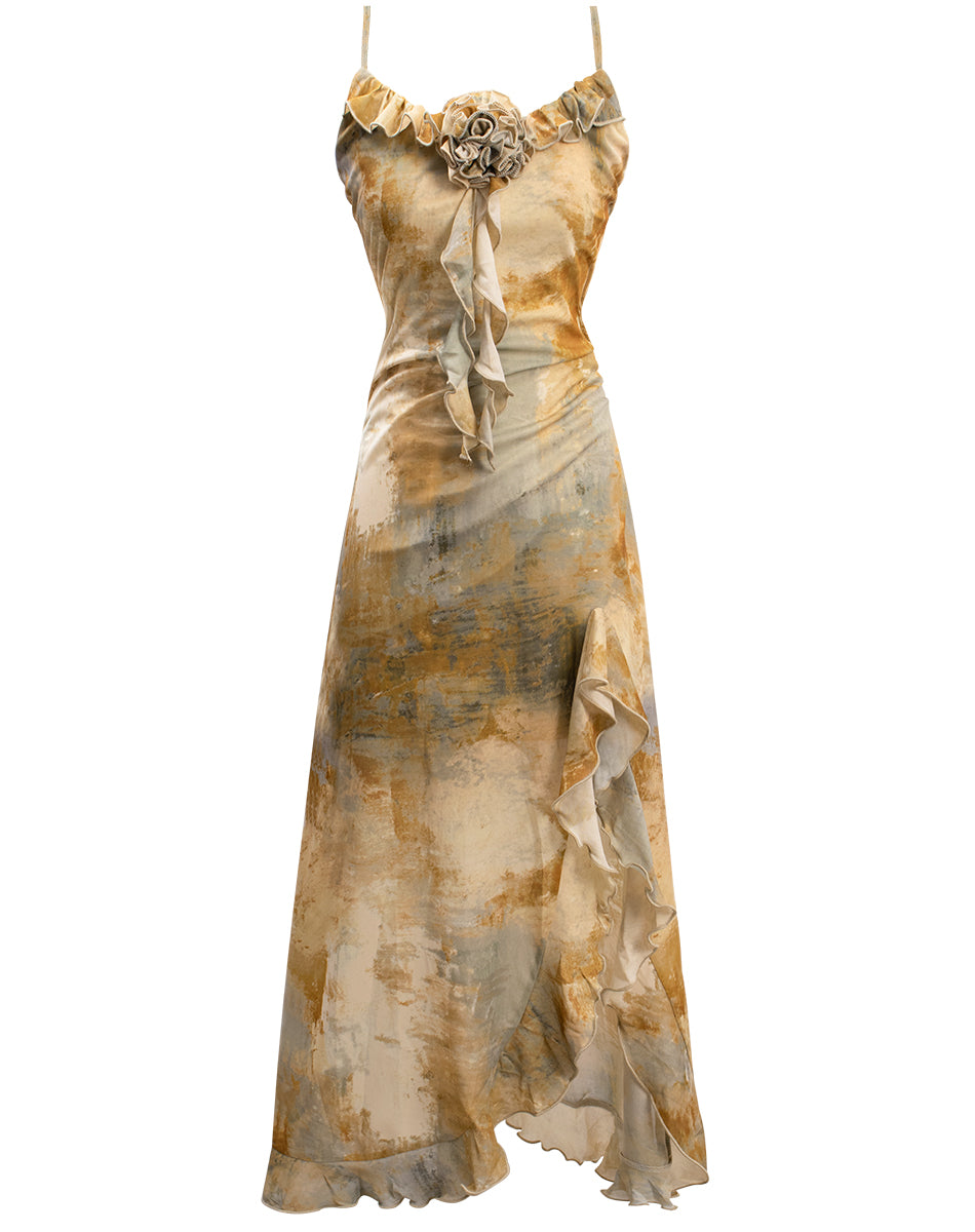 Wasteland style smudged suspender dress 2025 new holiday retro knitted irregular slit long skirt R0059