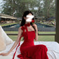 Red suspender dress 2025 new holiday slim ruffle irregular temperament long skirt R0058