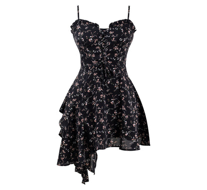 Dark pure desire niche irregular floral suspender hot girl dress R0020