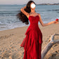 Retro red irregular ruffle sling dress 2025 new holiday temperament long dress R0042