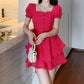 Rose red square neck bubble short sleeve plaid dress new French waist sweet princess tutu skirt R0064