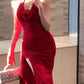 Retro red halter neck dress 2025 new hot girl sexy slit high waist hip long skirt R0036