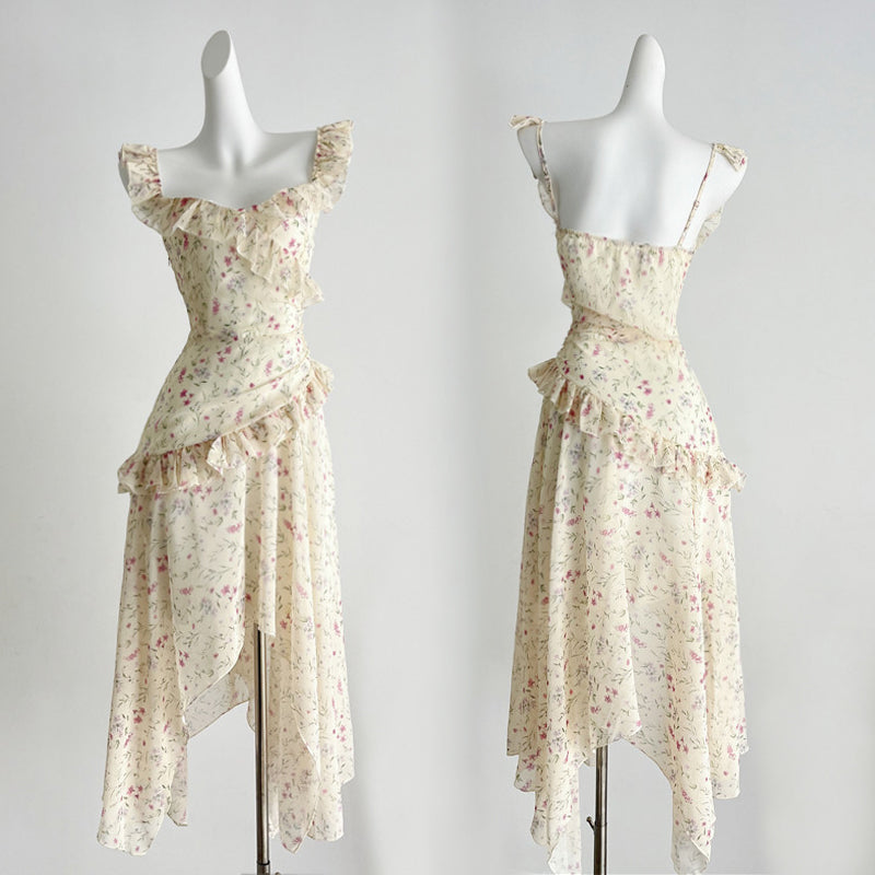 Tea break French floral dress seaside holiday style irregular fairy long dress R0035