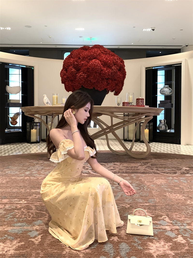 Beautiful little skirt gentle style floral yellow long skirt 2025 dress R0890