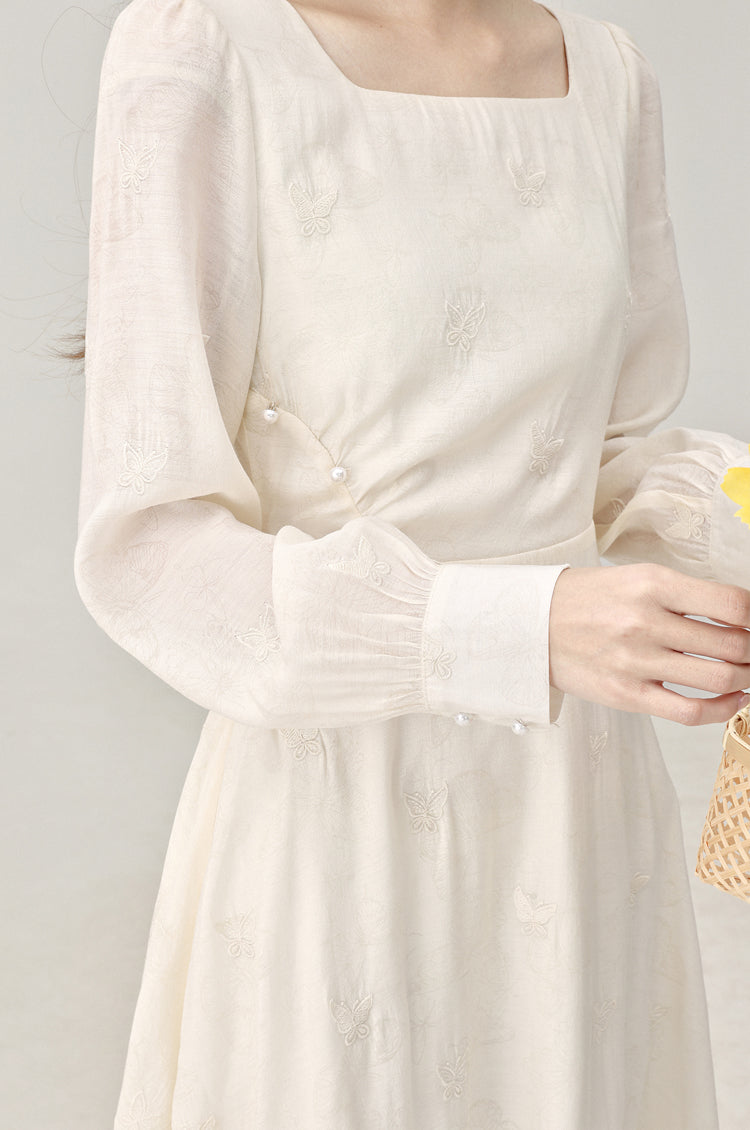 Temperament gentle style white long-sleeved dress new style small long skirt R1965