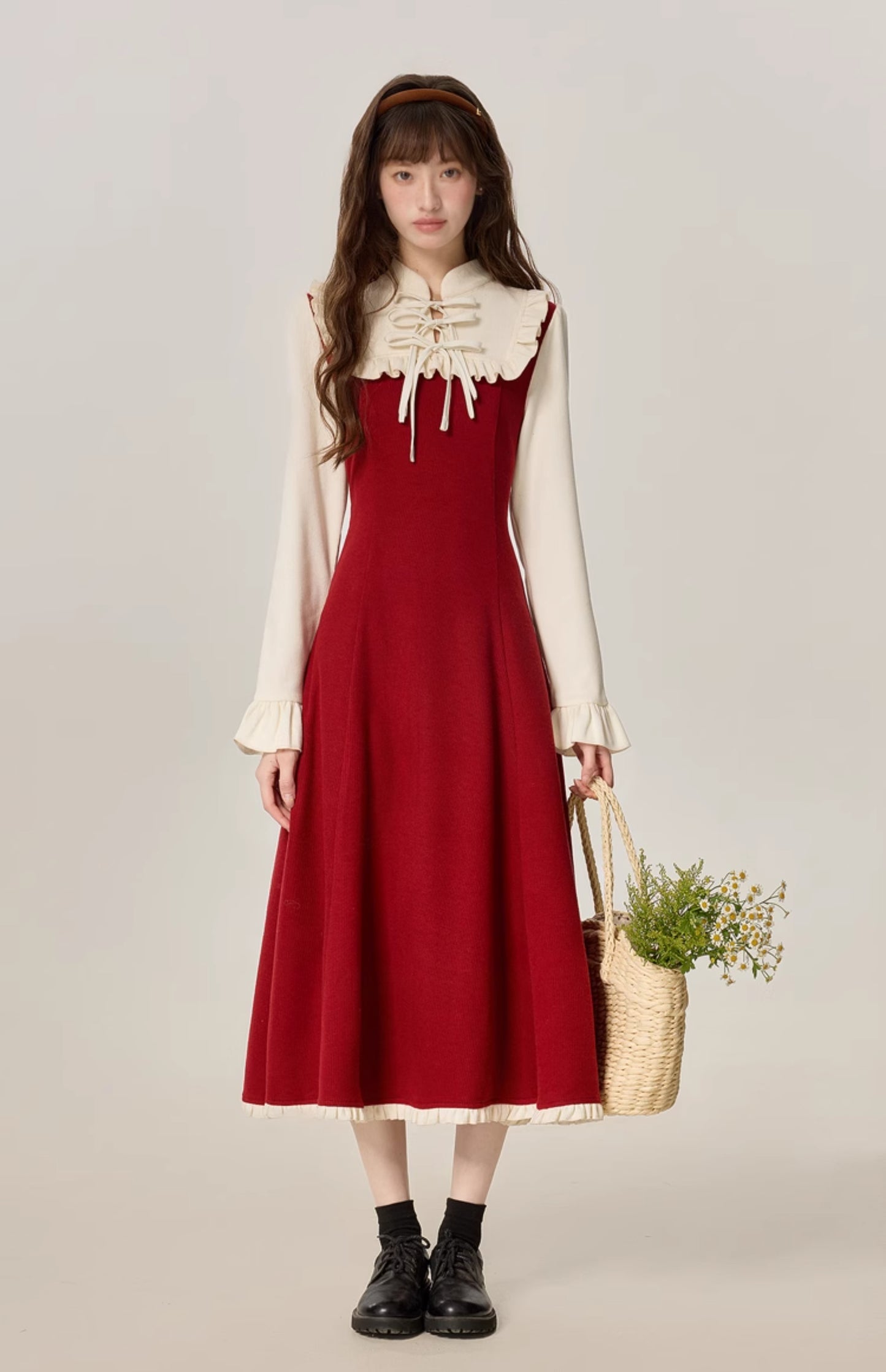 French girl style fake two piece red dress female 2025 new style skirt R1963