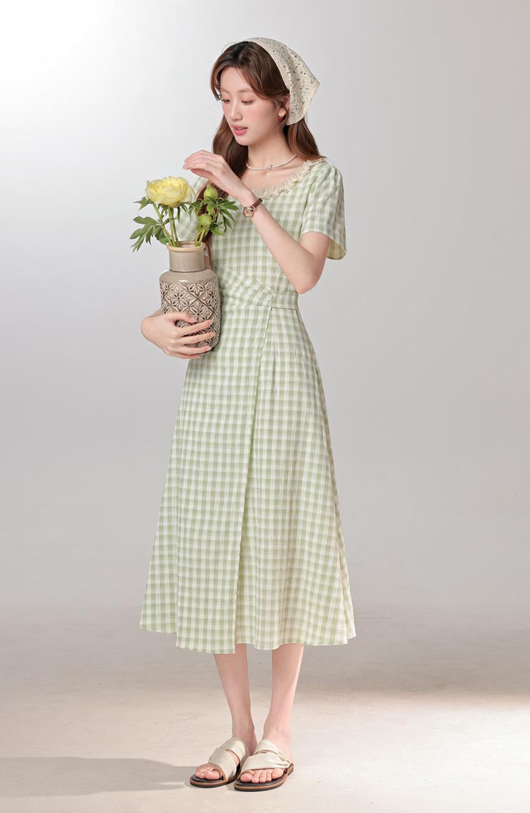 Summer fresh and sweet green plaid dress for women with waist-length dress R1964