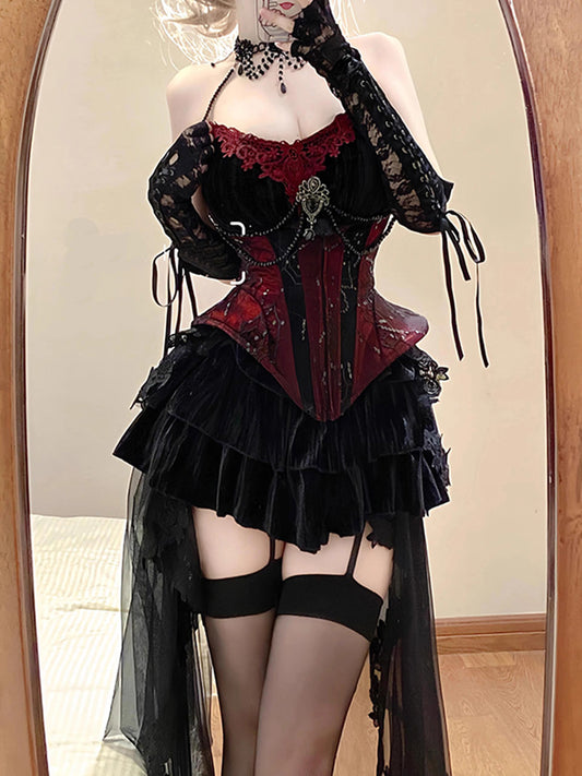 Dark Gothic Velvet Waist Halter Suspender Suit Removable Skirt Two-piece Suit R1665