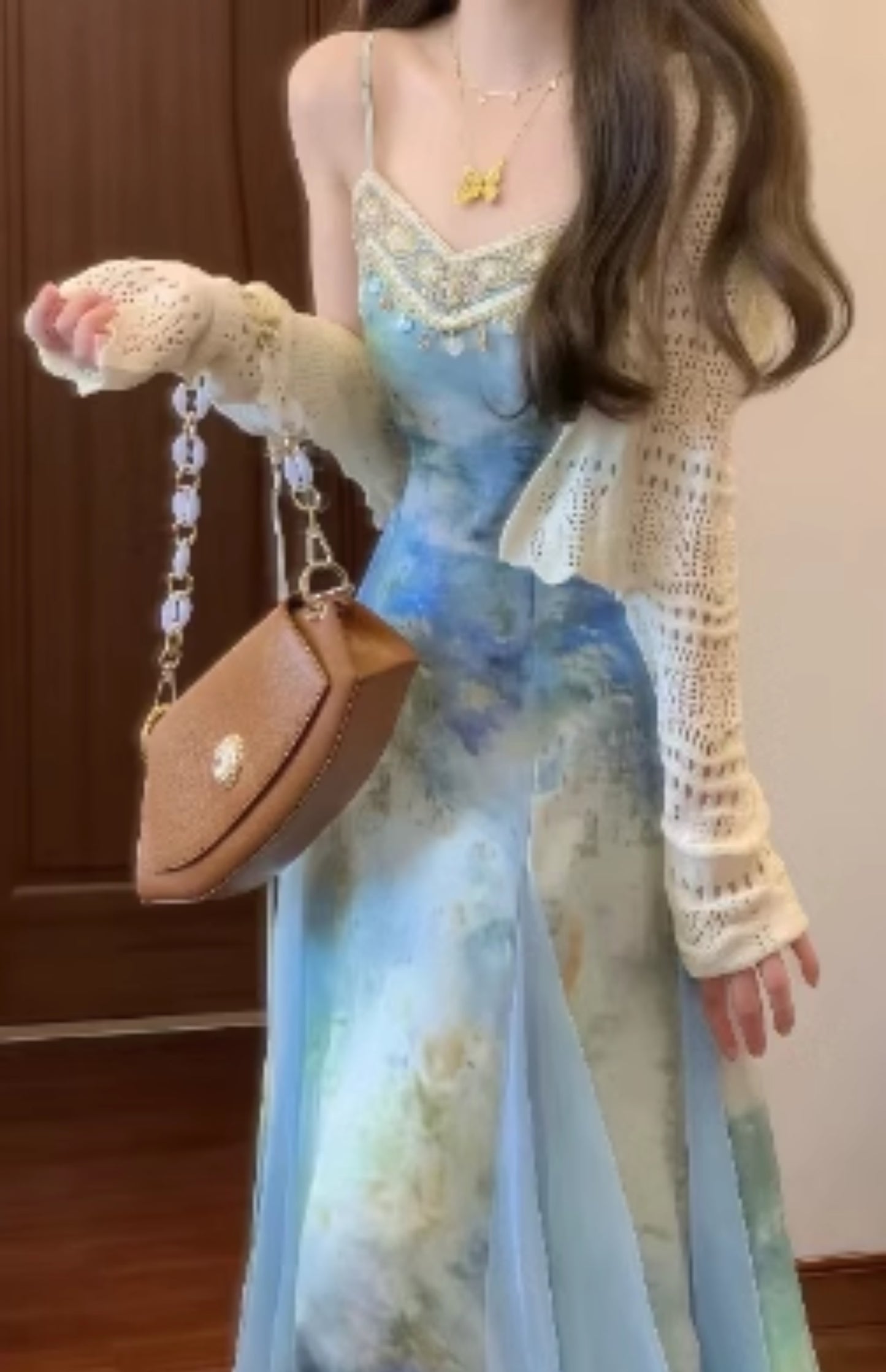 Women's Blended Floral Sling Dress Beautiful Waist A-Line Beach Dress R0617