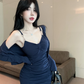 Hot Girl Style Sexy Bottom Slim Pleated Suspender Dress Long Sleeve Cardigan Top Two-piece Set R3789
