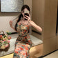 Retro floral suspender dress beautiful waist hip skirt R0657