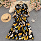 Dress goddess style temperament V-neck slim fit medium long retro print skirt R2206
