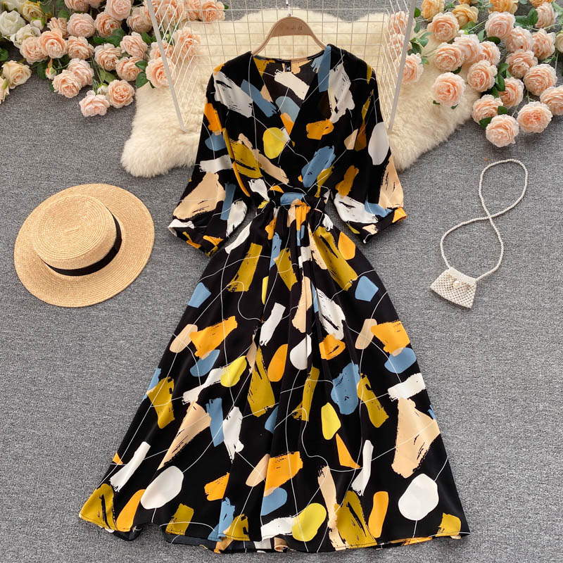 Dress goddess style temperament V-neck slim fit medium long retro print skirt R2206