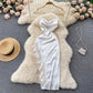 Satin lace slit hollow suspender dress French retro backless sexy long dress R2217