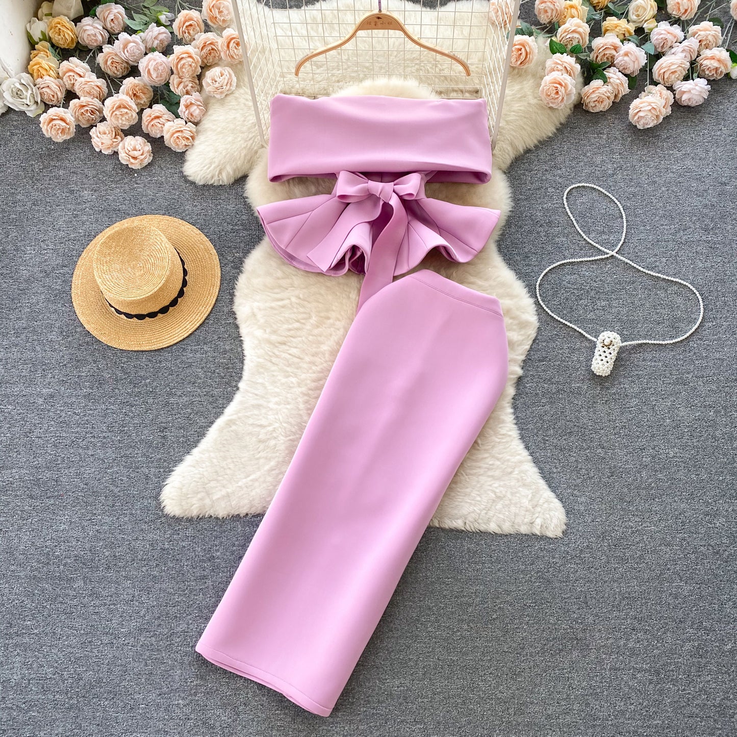 Palace style dress suit sexy one shoulder waist lotus leaf hem top versatile skirt two piece suit R2251