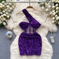 French lady style oblique collar dress mesh sequins niche hip-wrapped hot girl short skirt R2247