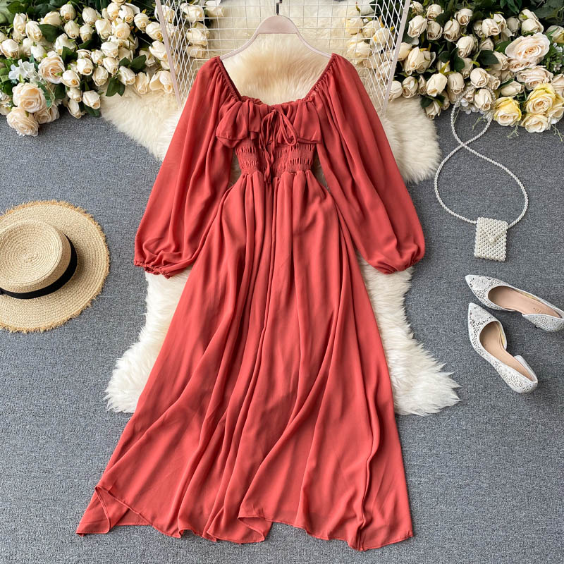 Gentle style dress 2025 new French retro square neck puff sleeve chiffon dress R2212