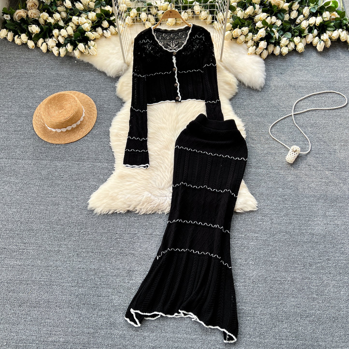 French style gentle hollow knitted cardigan jacket + slim hip fishtail skirt two-piece suit R2236