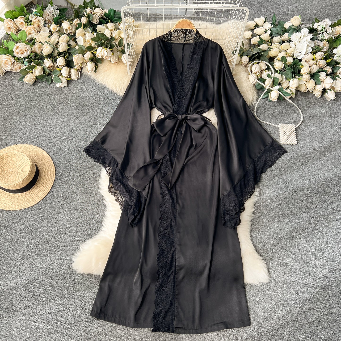 High-end temperament mid-length pajamas robe loose strap waist lace splicing shawl coat R2222