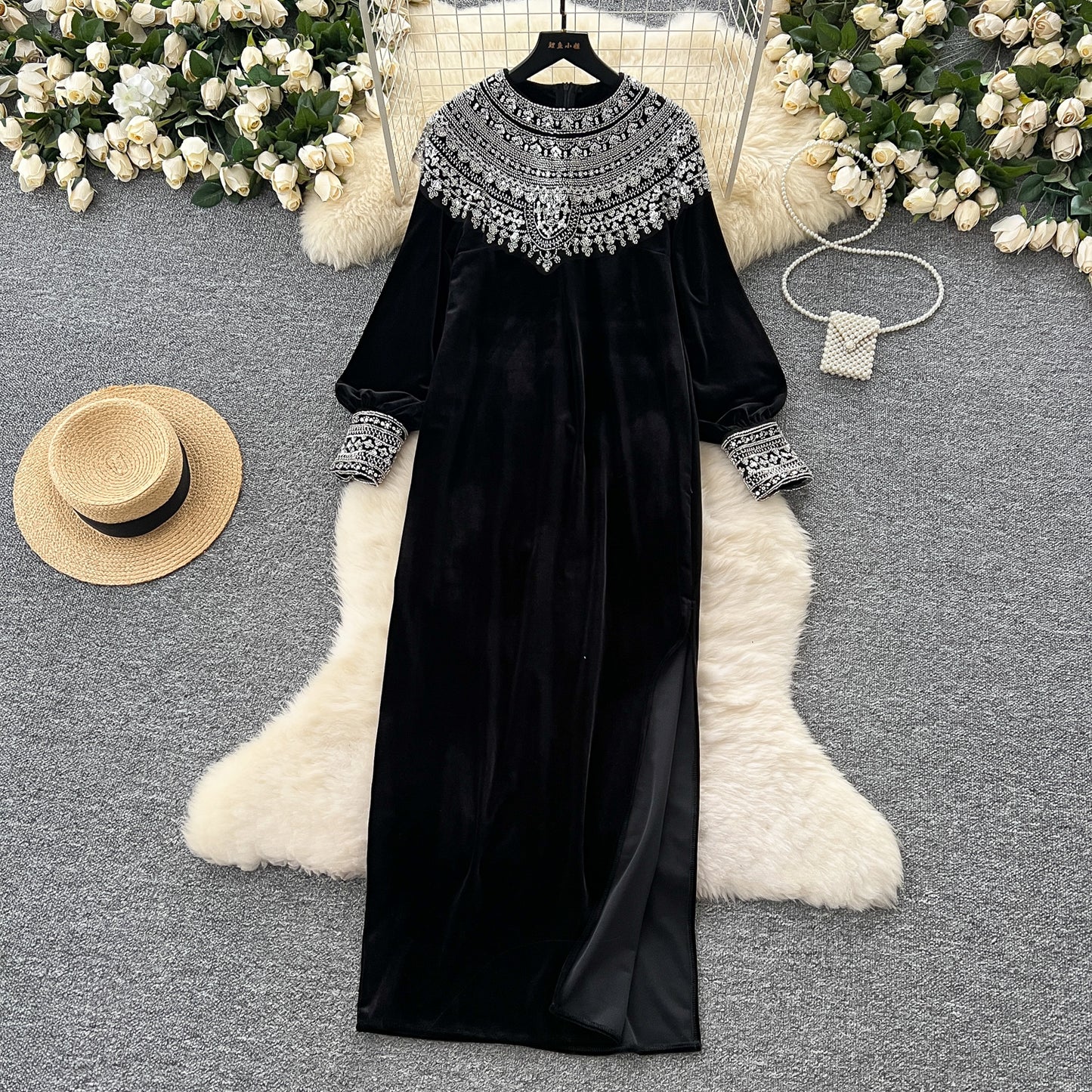 French style sequined beaded round neck long sleeve velvet dress loose slim slit long skirt R2235