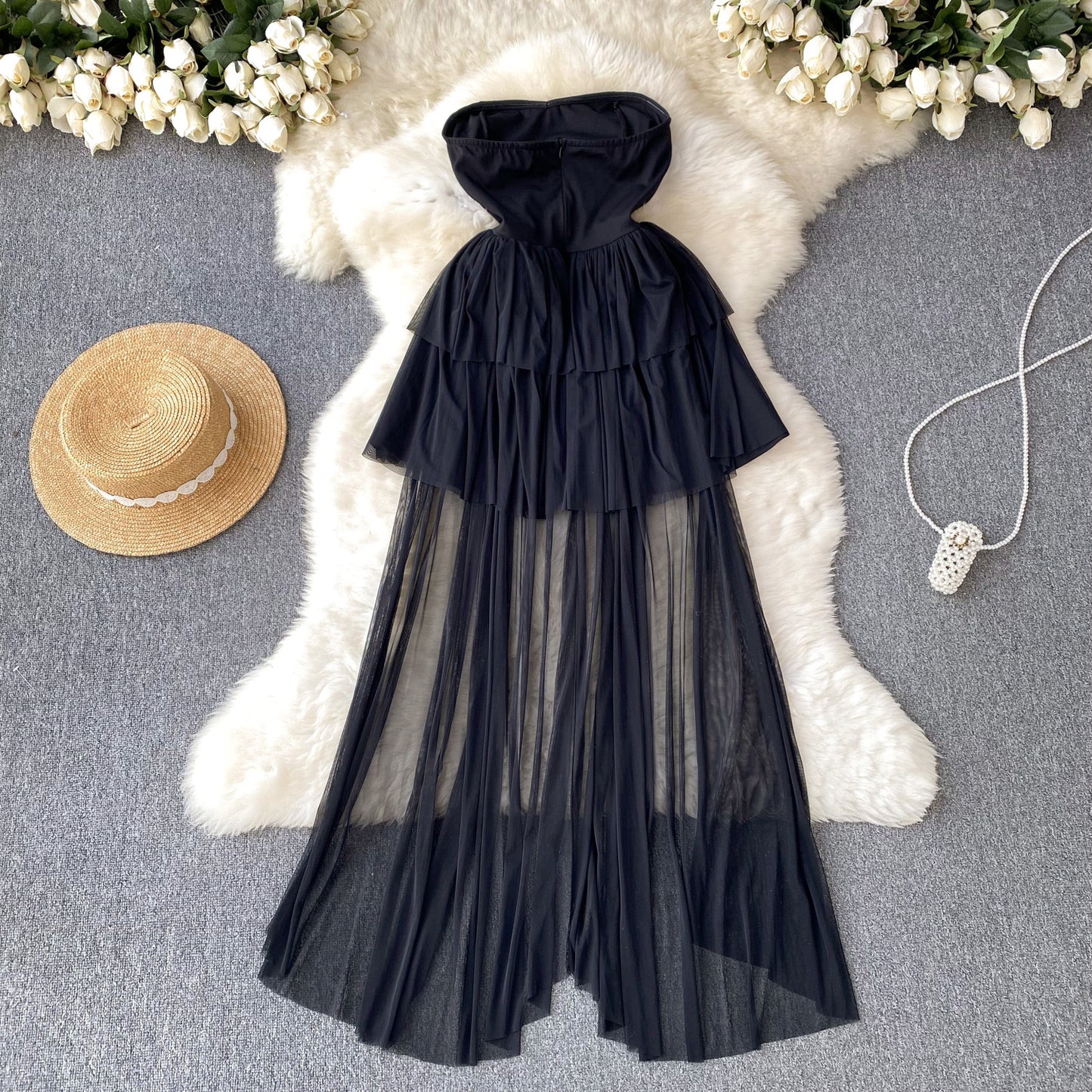 Retro elegant tube top dress dress waist temperament irregular fluffy little black dress R2253