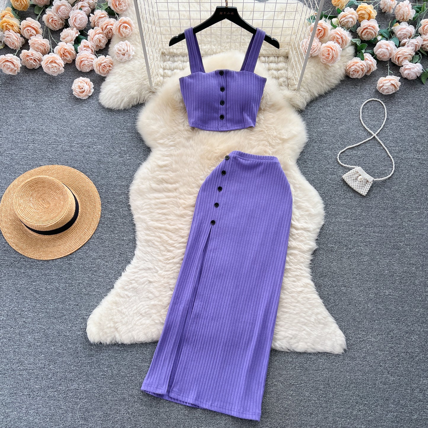 Small pure desire suit French short tube top camisole vest high waist slim slit skirt R2263