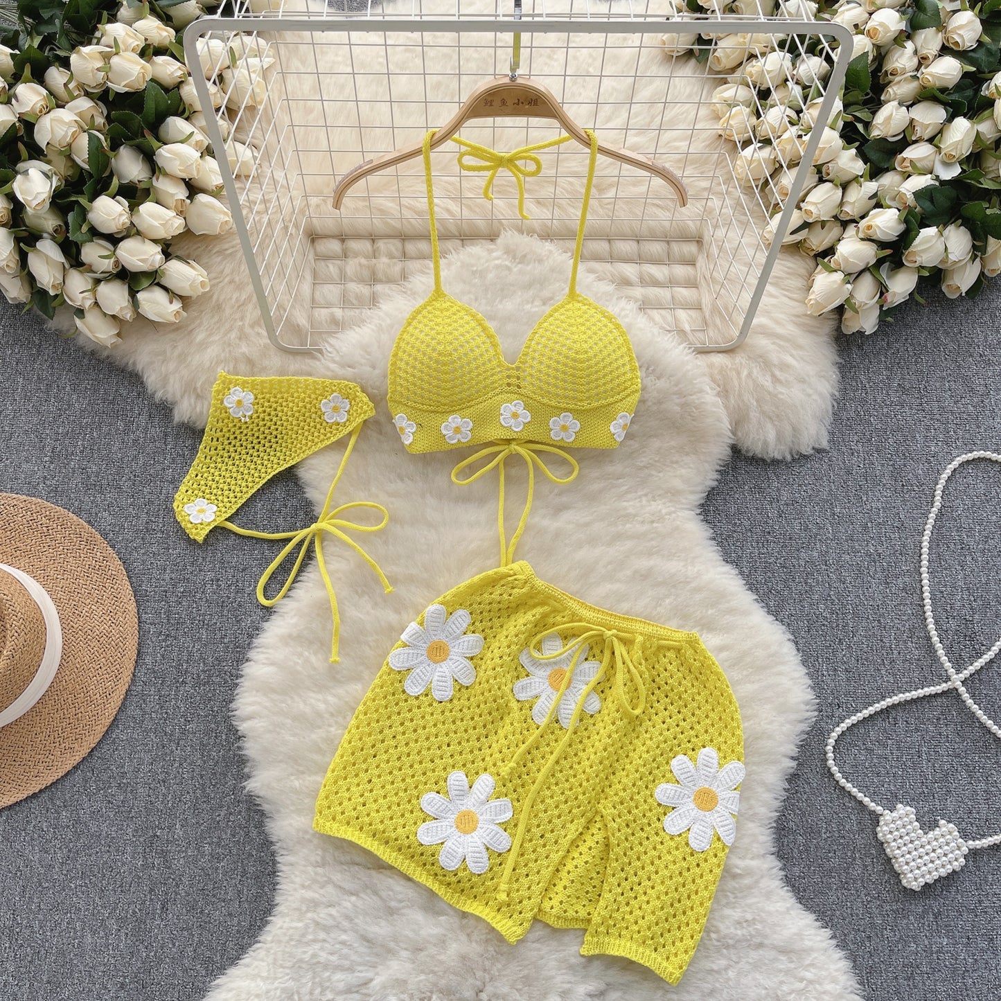 Seaside holiday style knitted bikini set small flower design pure desire three-piece set R2218