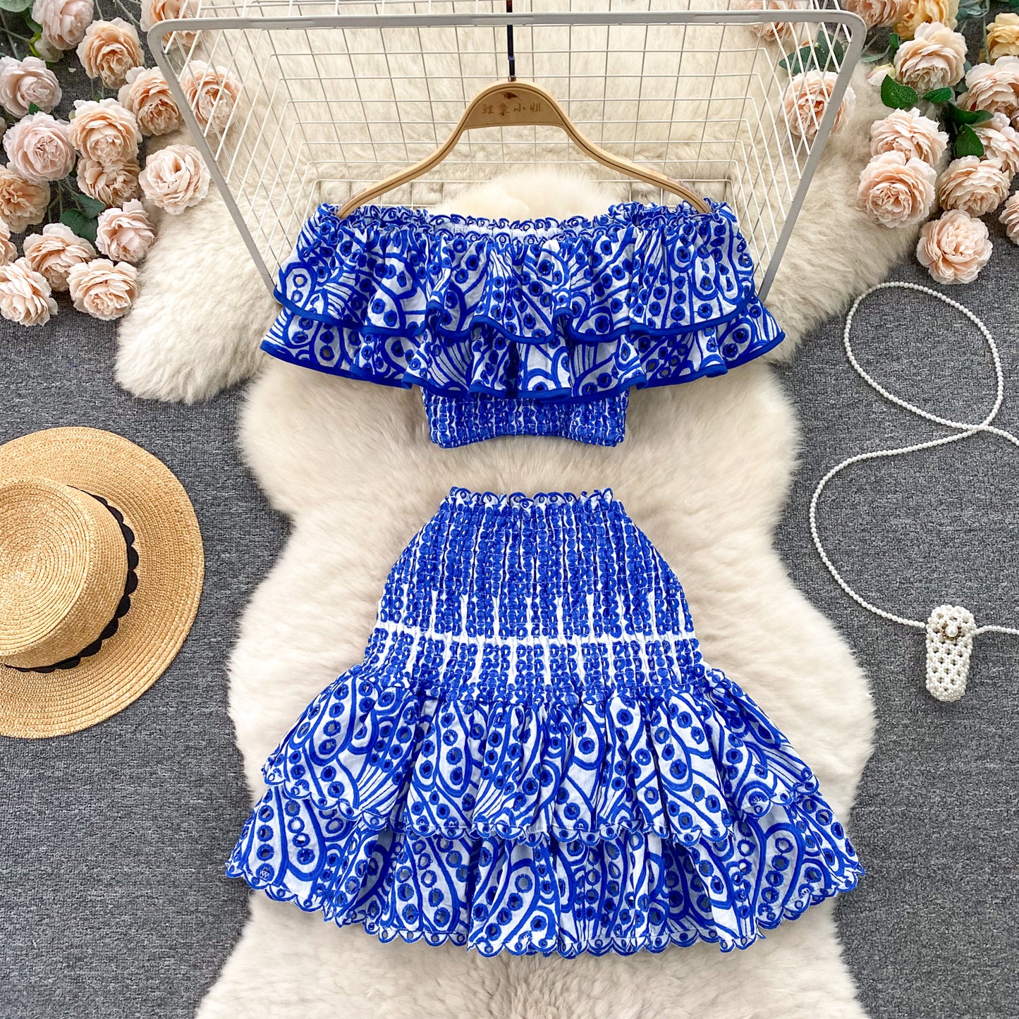 Holiday style suit heavy embroidery hollow ruffle one-shoulder top short skirt two-piece suit R2255