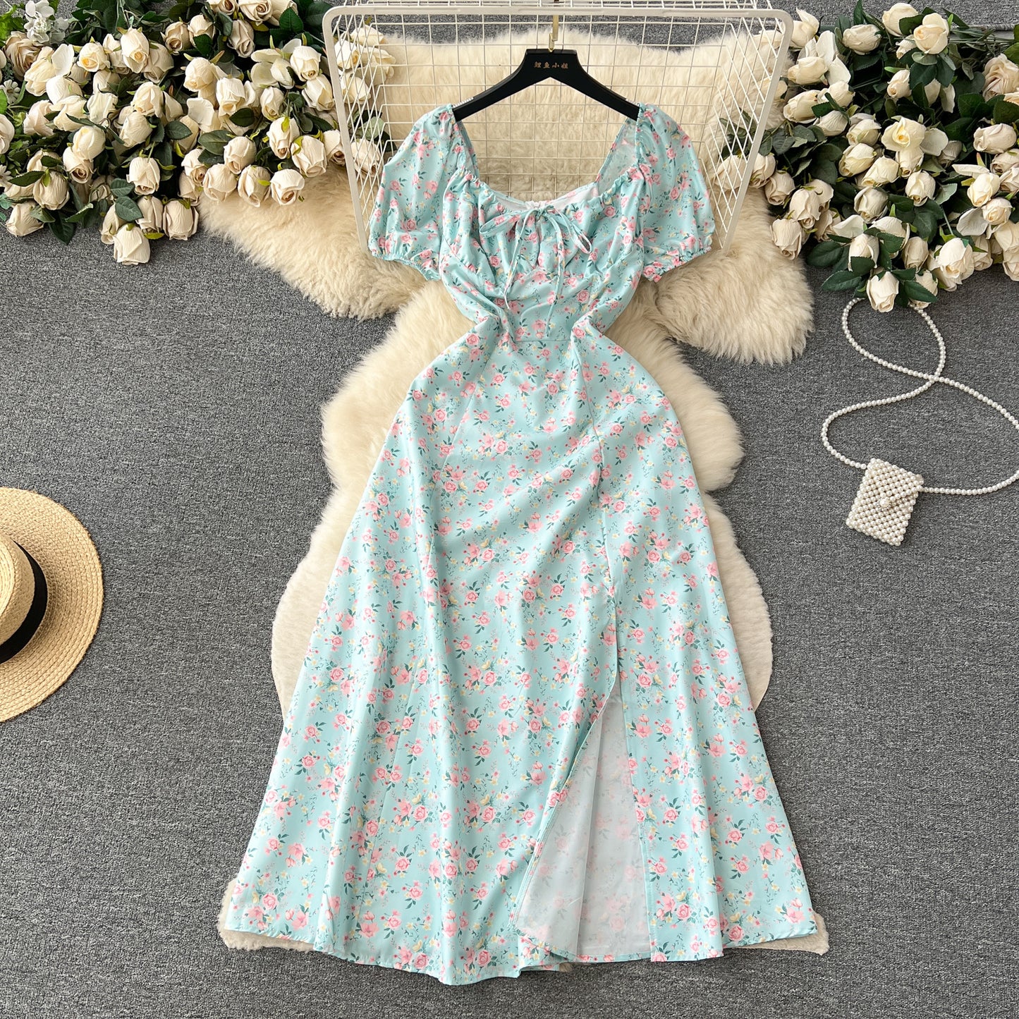 Retro romantic floral dress summer puff sleeves slit design niche chic beautiful long skirt R2248