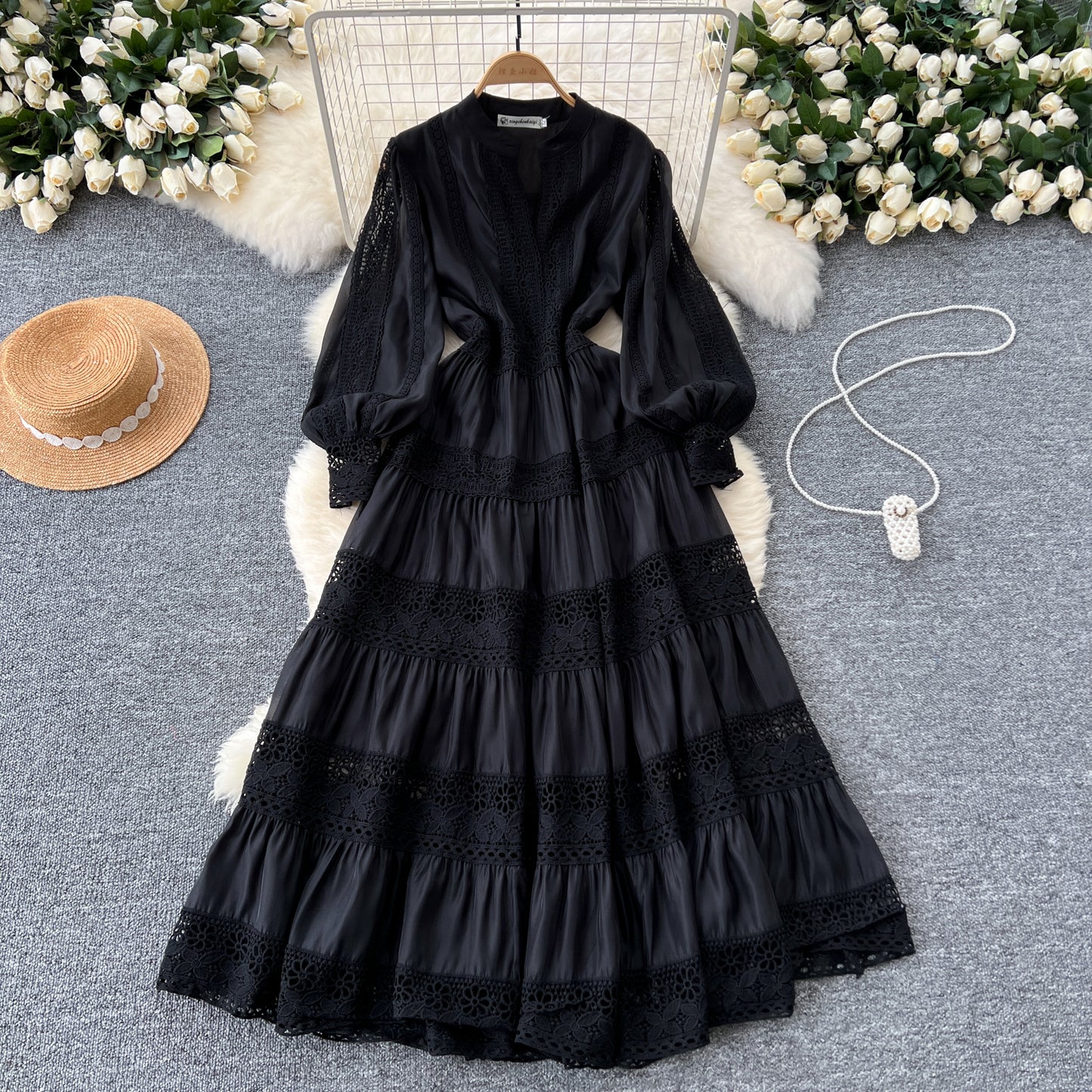 French retro lace splicing lantern sleeve dress waist slimming elegant long skirt R2225