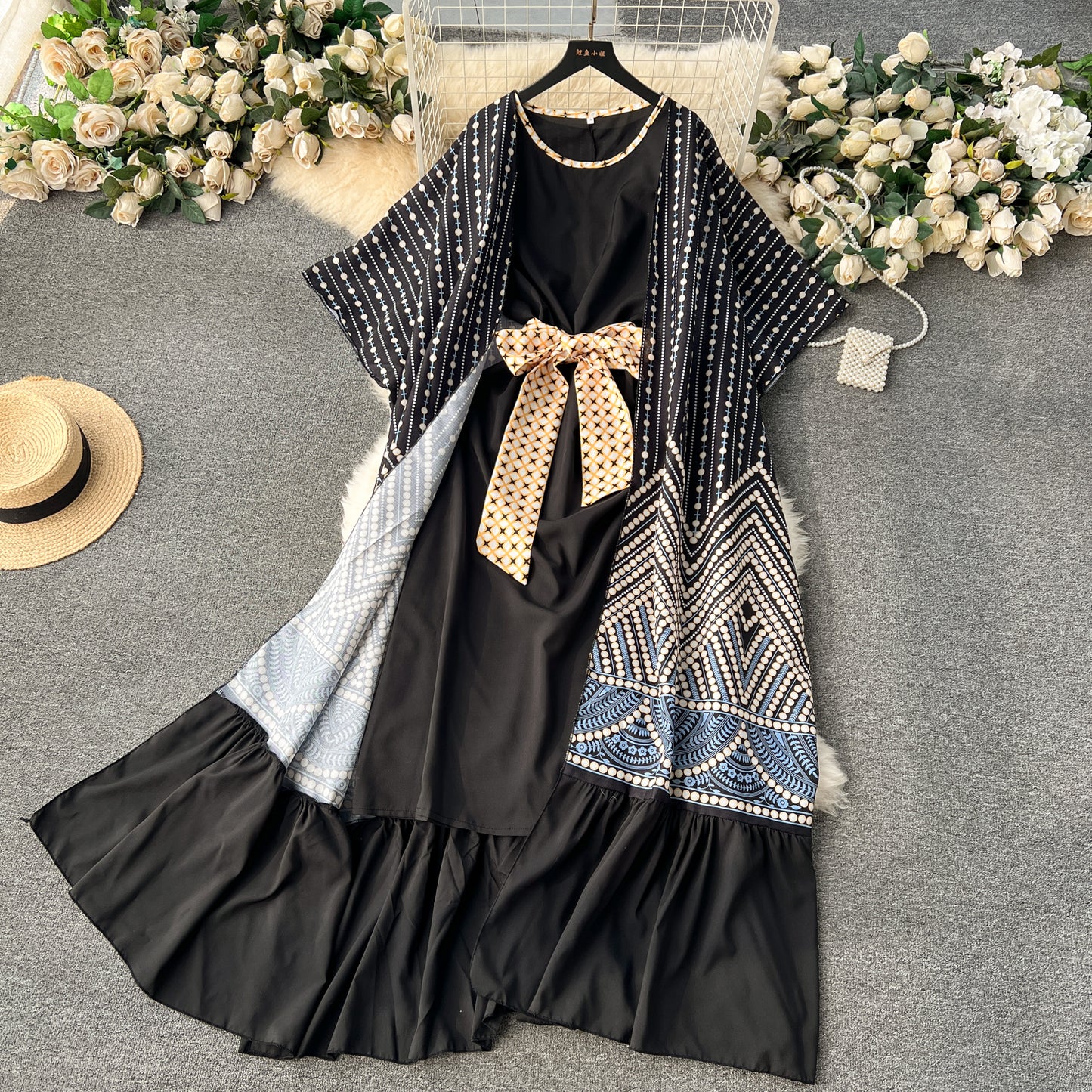 European and American style two-piece dress with printed shawl coat, sleeveless vest dress R2232