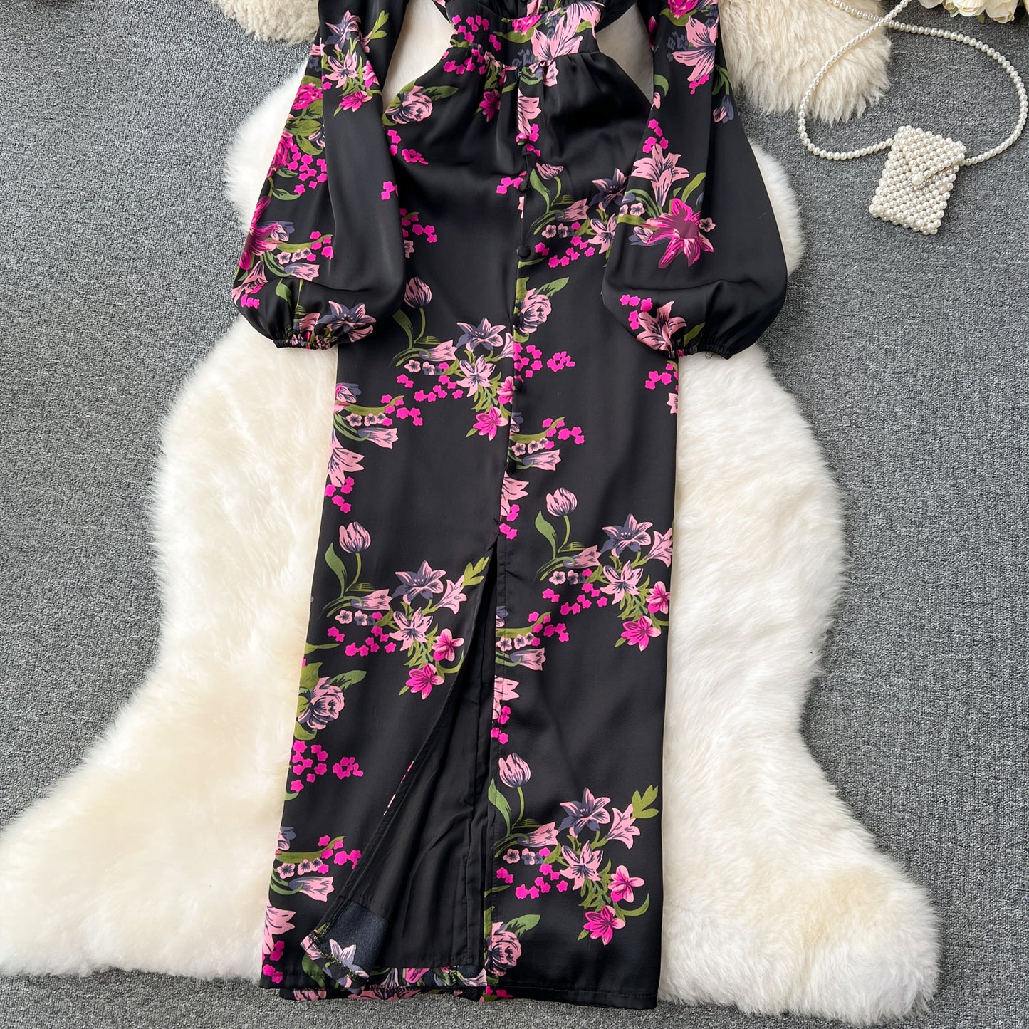 Temperamental and elegant dress 2025 new waist lantern sleeves printed dress long skirt R2246