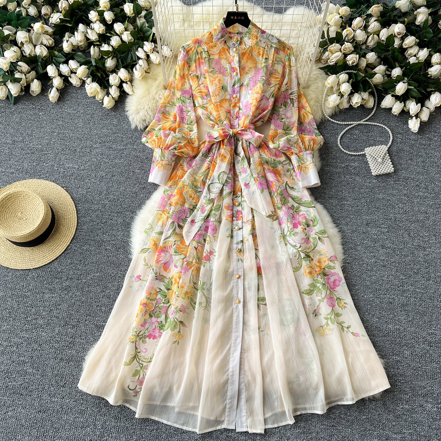 European and American printed dress stand collar waist tie long dress French chiffon skirt R2220