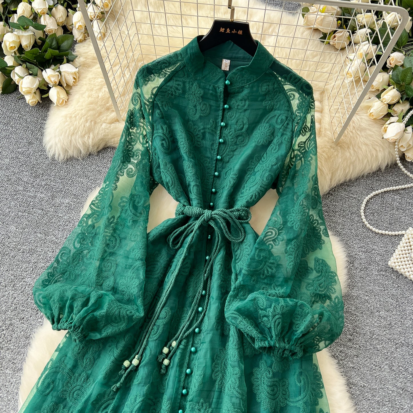 Elegant Stand Collar Crochet Embroidery Lantern Sleeve Tie Waist Long Dress R2250