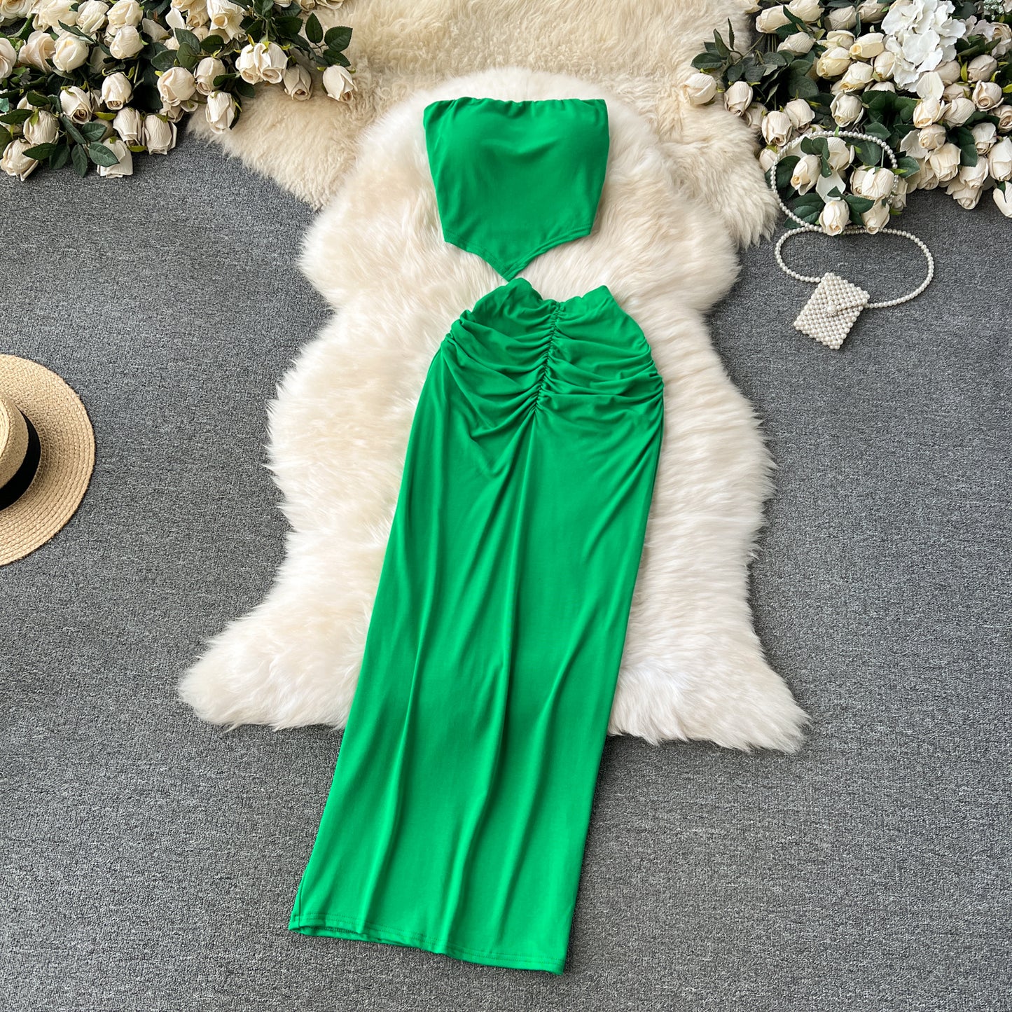 Hot girl style tube top short versatile pleated slim skirt fashionable two-piece skirt suit R2239