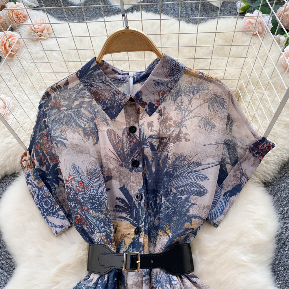 Palace style French elegant printed dress new style waist slimming gentle style long skirt R2226