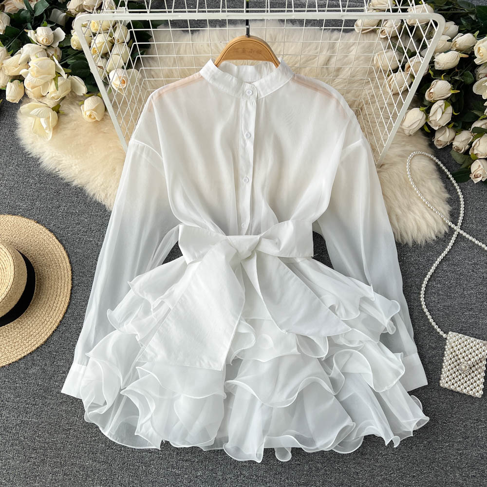 Chiffon chic tops new ruffles high-end design bow tie niche shirt R2252