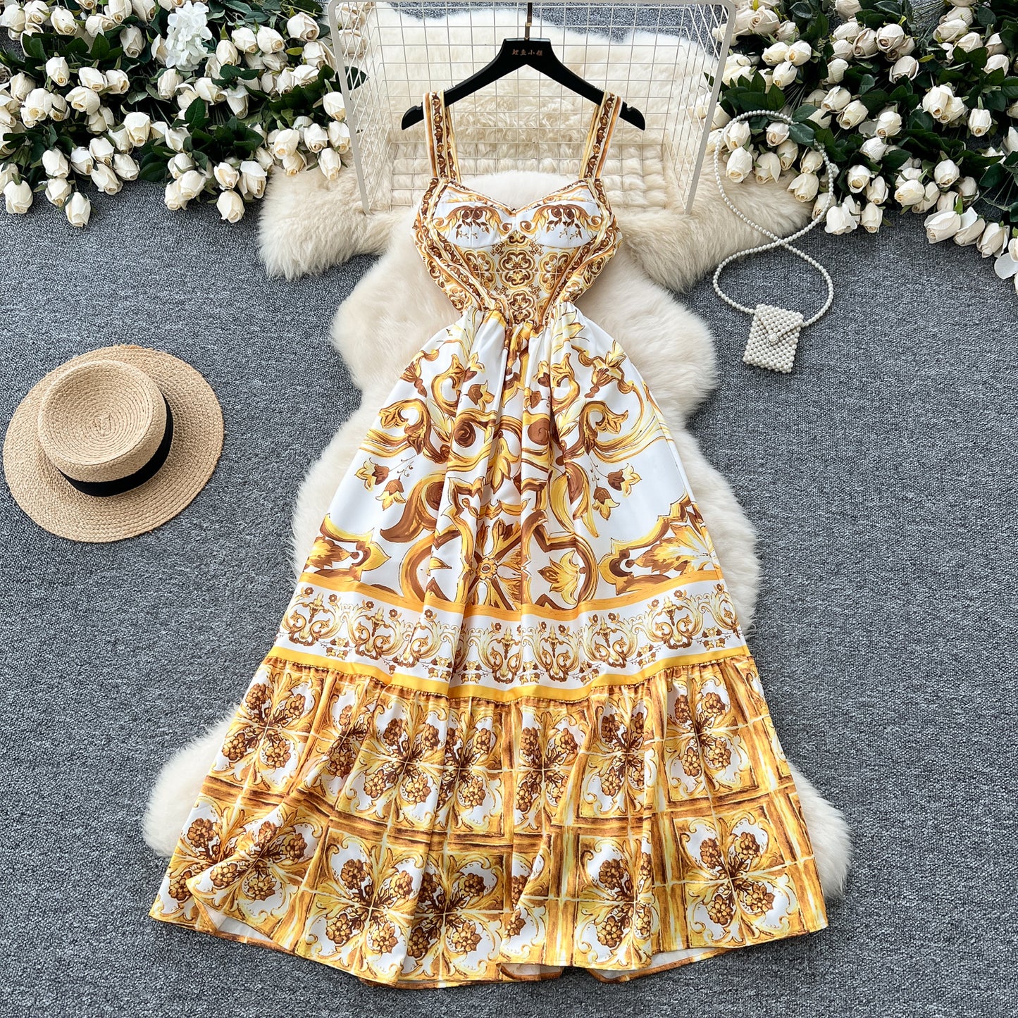 Ethnic style slim waist suspender dress with beautiful print A-line long skirt R2223
