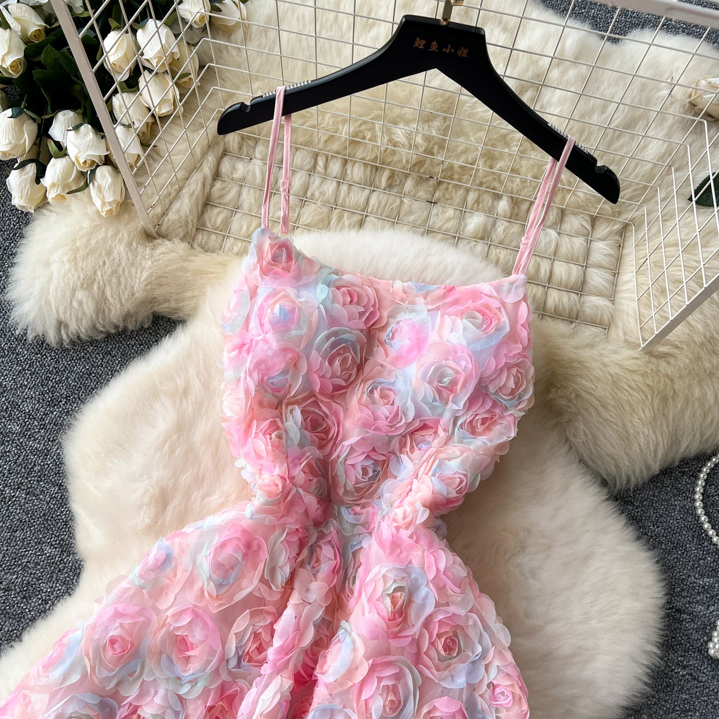 High-end dinner party dress heavy three-dimensional rose flower waist suspender dress R2221