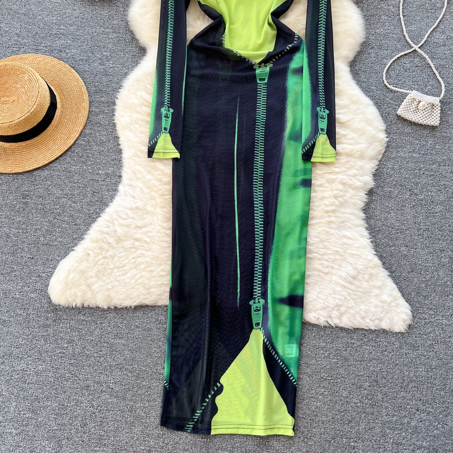 Hot girl style printed dress tulle long sleeves unique tight pure desire long skirt R2240