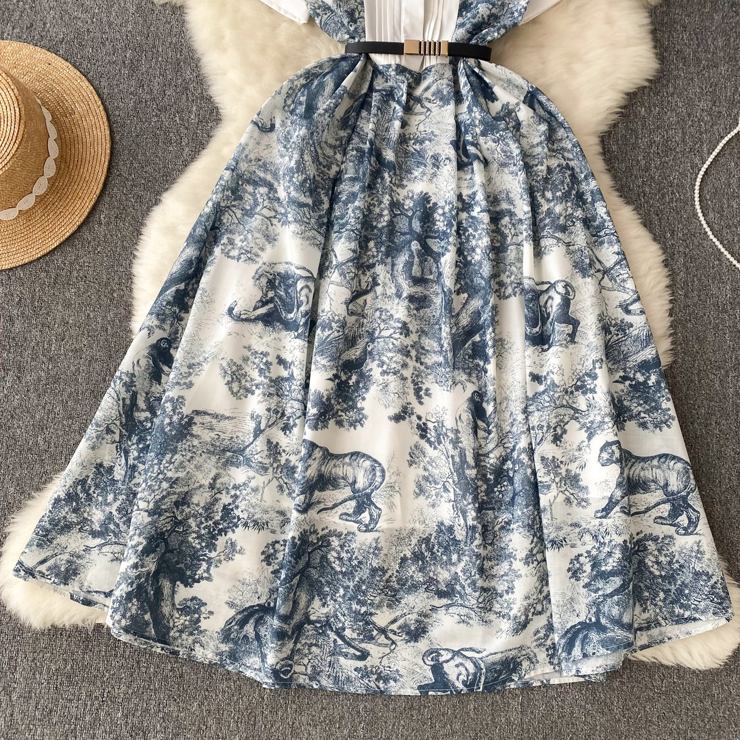 French palace style short-sleeved printed dress with waist and fairy temperament long dress R2241