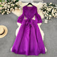 Palace style dress with tassels, V-neck, slim fit, long, pleated, trumpet sleeves R2260