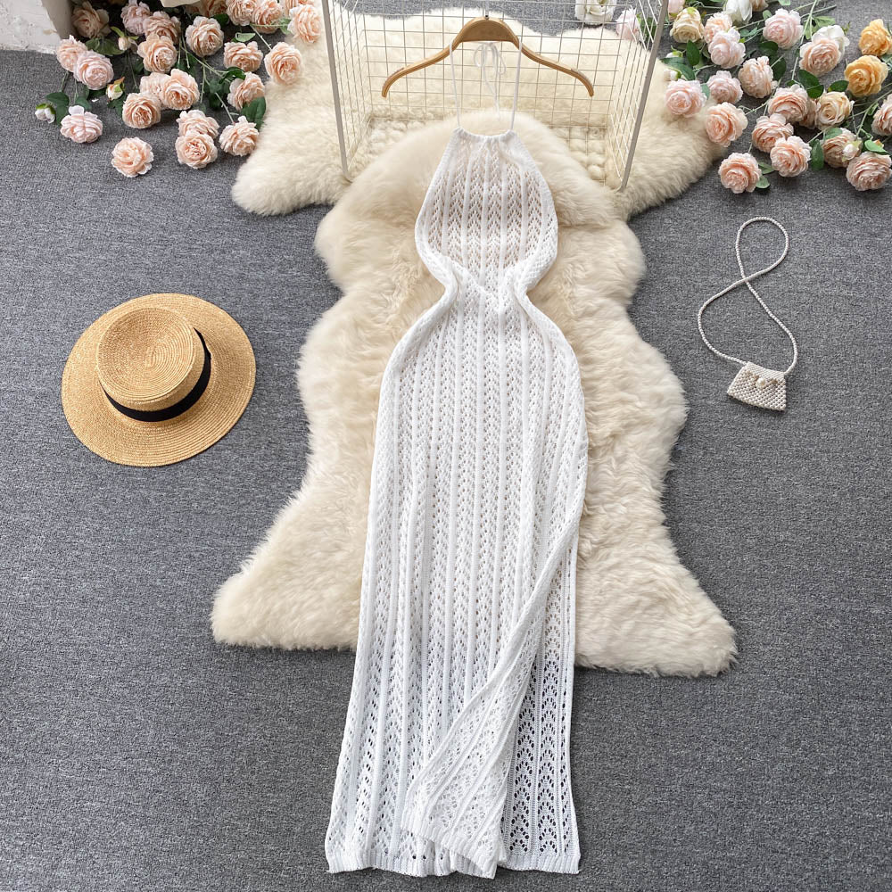 High-end temperament halter neck sleeveless hollow knitted dress slim fit slit holiday dress R2256