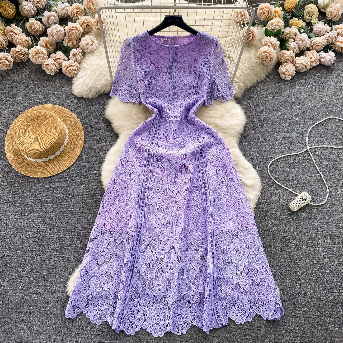 Retro round neck lotus leaf sleeve lace dress new style slim temperament elegant long skirt R2259