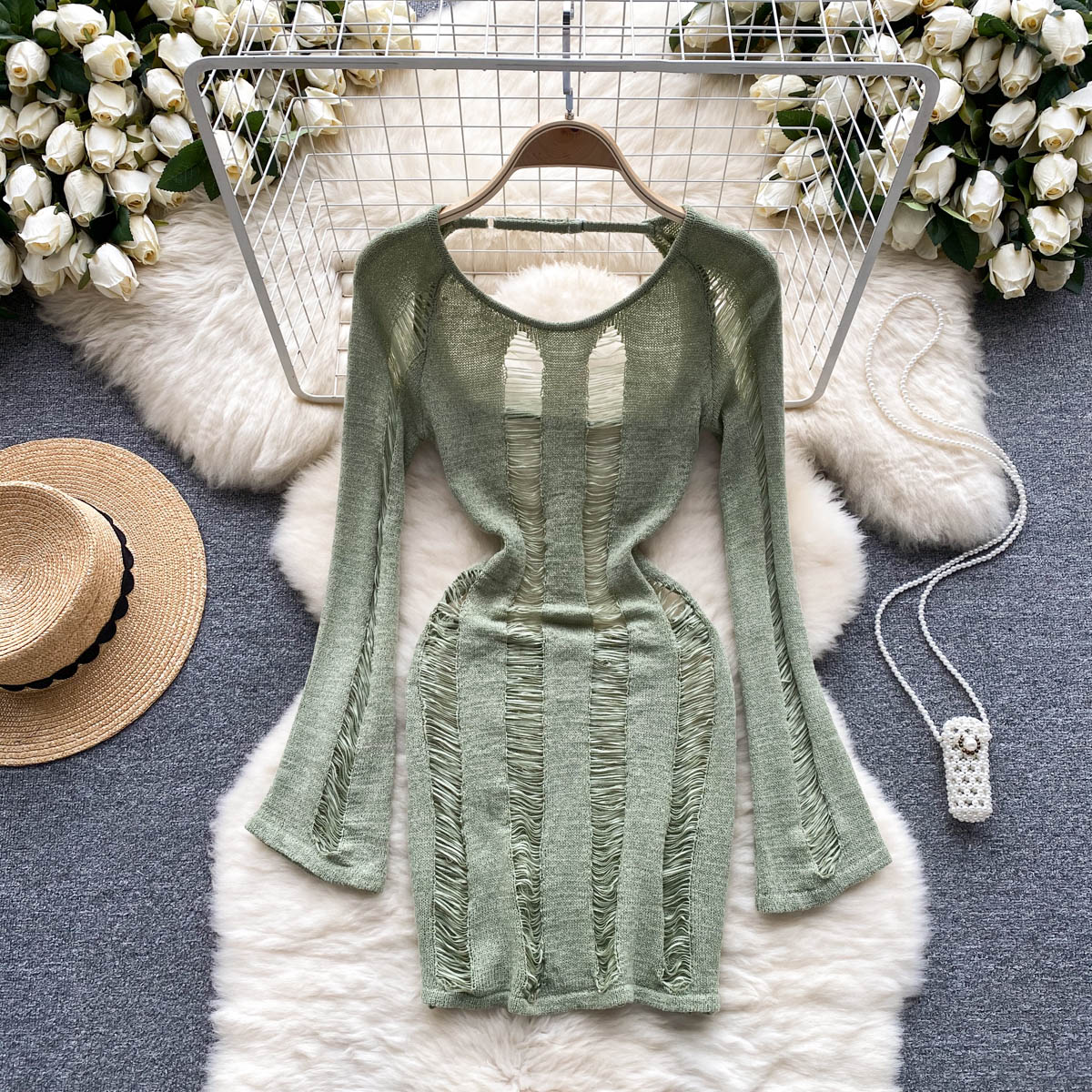 Sexy hollow thin long-sleeved knitted short skirt slimming and thin pure hot girl backless dress R2254
