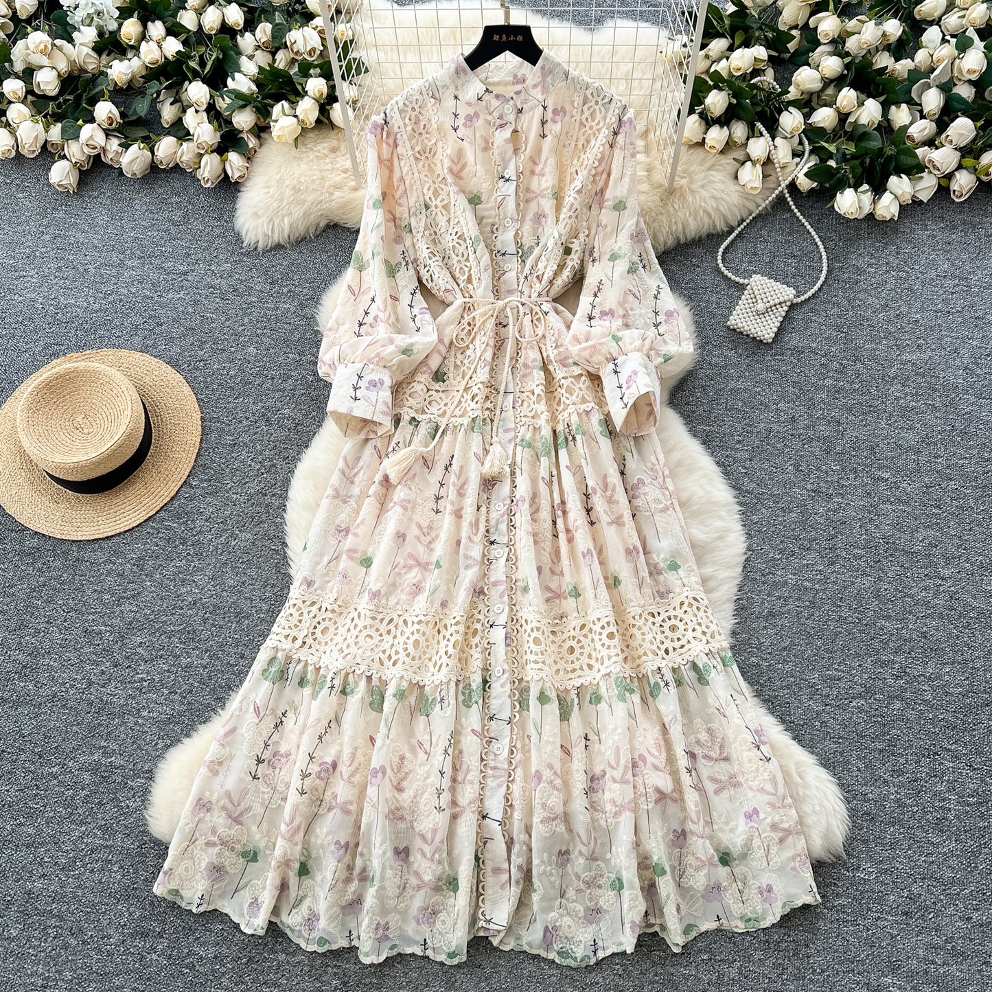 Palace style lace patchwork waist dress French slim print embroidered fairy long dress R2244