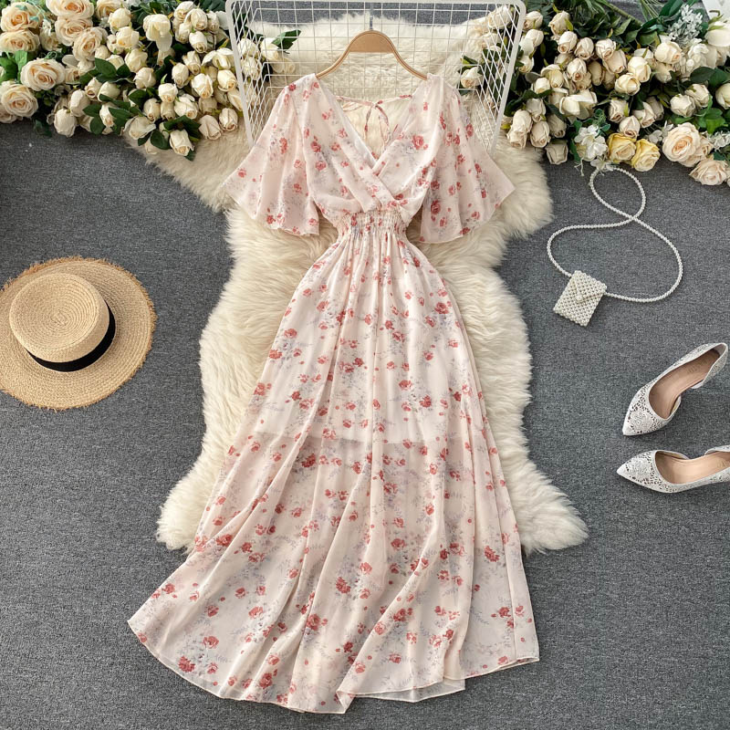 Seaside holiday dress 2025 new sexy V-neck waist slim long chiffon floral beach dress R2262