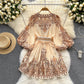 New French retro holiday style V-neck lantern sleeve waisted medium-length printed petite dress R2242