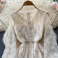 Gentle style waist slimming knee-length long sleeve A-line skirt elegant V-neck lace dress R2237
